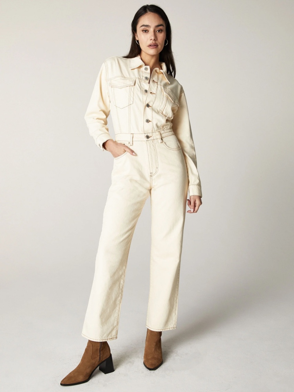 Publish Cream Jumpsuit with Contrast Stitching